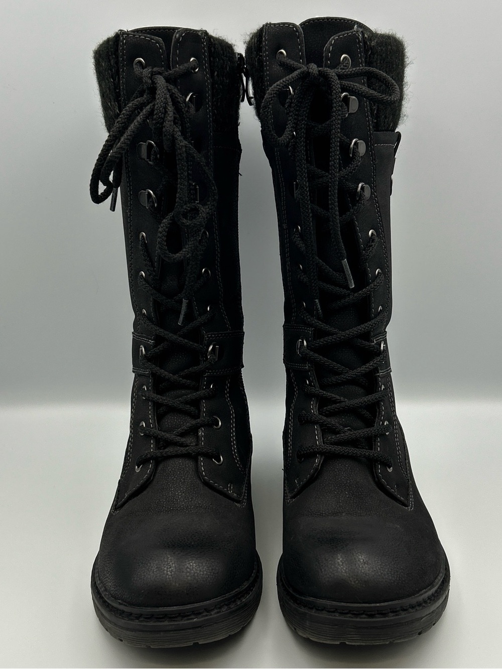 PATRIZIA Mid Calf Riding Boot Womens 7 Black Faux Shearling Lined Lace Up Moto